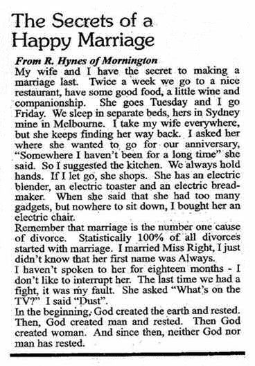 The Secret of a Happy Marriage by  of Mornington - Funny Jokes