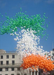 Tricolour balloons released for St Patrick's day in Trafalgar sq, London.