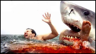 Funny picture of a shark biting man
