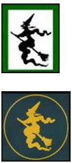A witch on a broomstick logo