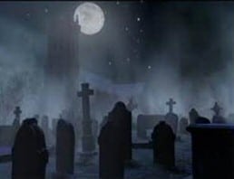 Graveyard at night with moon