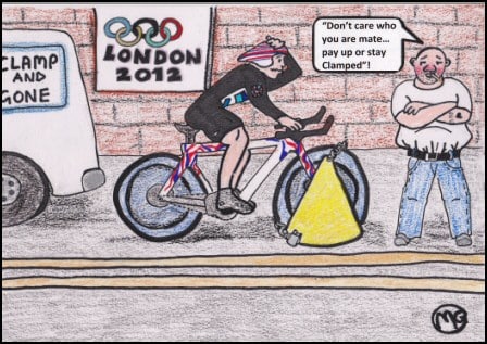 Olympic cyclist clamped cartoon