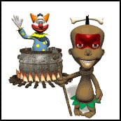 Silly pun. Two cannibals are eating a clown.