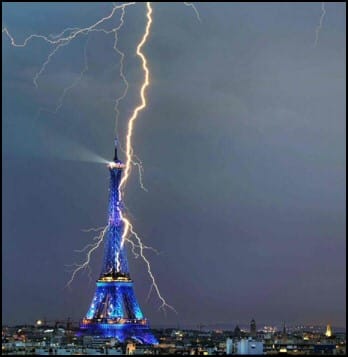 Lightning bolt strikes the Eiffel Tower Paris France