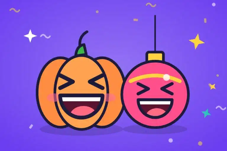 Laughing cartoon pumpkin and Christmas bauble - holiday jokes