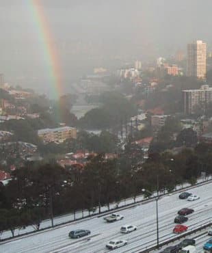 Picture hailstones and hailstorm rainbow