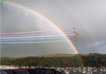 Red arrows fly into rainbow
