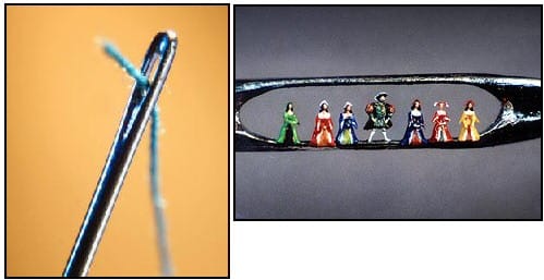 Tiny figures in eye of a needle