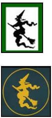 A witch on a broomstick logo